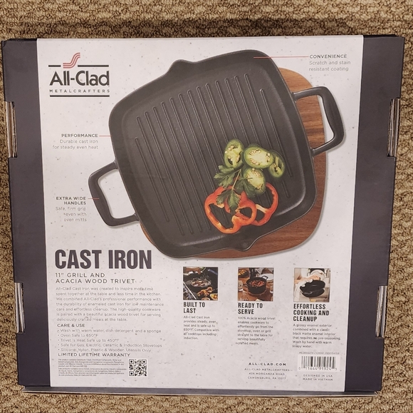 All-Clad 11"Square Cast Iron Grill Pan & Acacia Wood Trivet NiB! Discount Ship - Picture 5 of 16